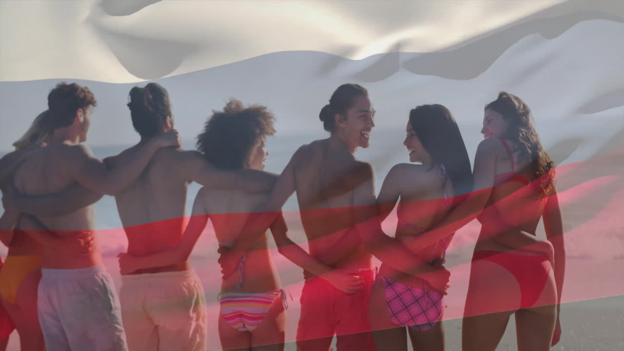 At beach, friends in swimwear with animation of flag overlaying scene