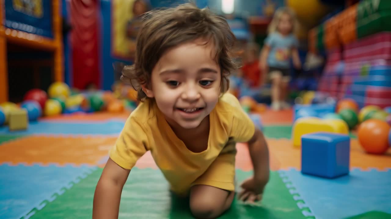 Video verticale: Bambino piccolo gattona verso l'obiettivo su tappeti di gomma piuma, allungandosi verso una palla, animando il gioco all'asilo nido.