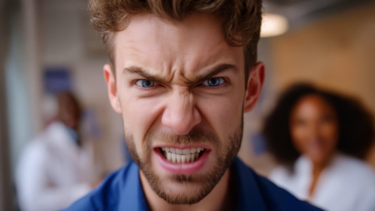 Intense Emotional Reaction: Facial Expressions of Anger and Frustration Captured in Close-Up Frames of a Young Man's Striking Facial Features and Emotive Response
