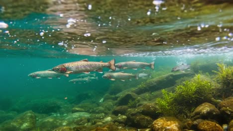 a serene underwater scene featuring a school of colorful fish swimming near the rocky bottom, surrounded by vibrant aquatic vegetation in clear blue water