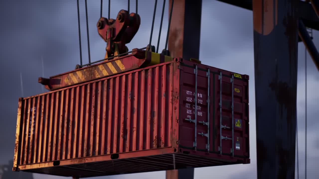 A Dynamic Scene Featuring Heavy-Duty Equipment Lifiting a Shipping Container at the Port with Striking Lighting and Atmospheric Sky Conditions