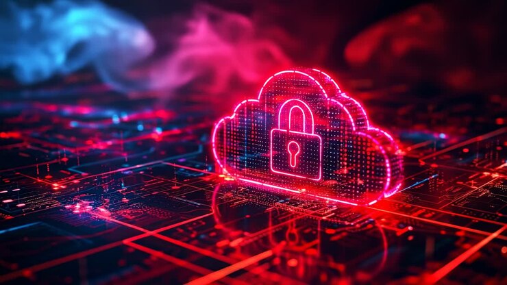 Cloud storage with digital security. The cloud symbol shows a padlock in a digital space with red and blue lights