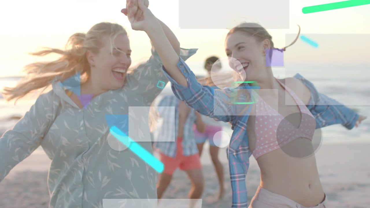 Vertical video: Spinning two women leading group on shore at sunset showing bikini and sea overlays