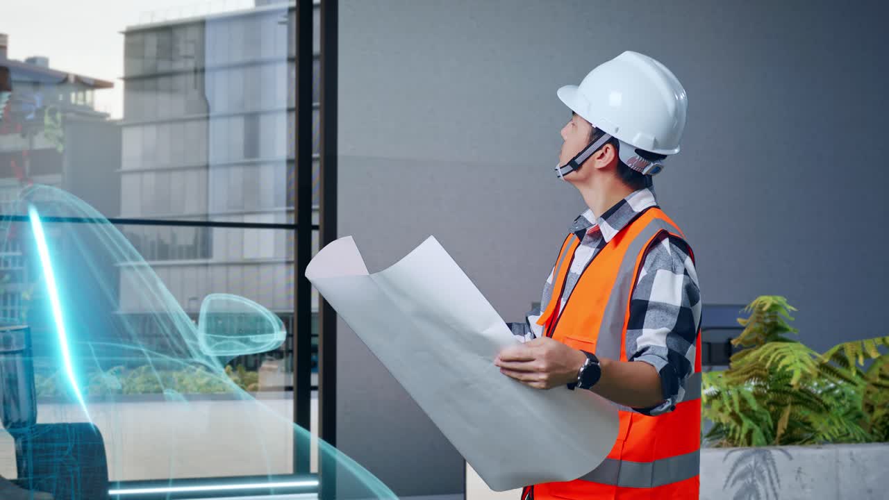 ingeniero revisando planes arquitectónicos con superposición de ar