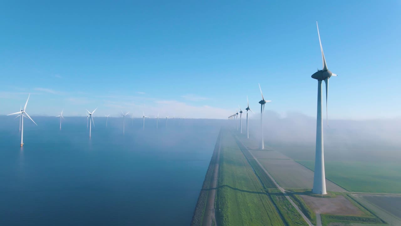 거대한 풍차 터빈, 바다에 있는 해상 풍차 농장, 웨스터메어 풍차 공원, 아름다운 밝은 날에 바다에서 고립된 풍차, 네덜란드, 플레볼랜드, 노르도오스트폴더