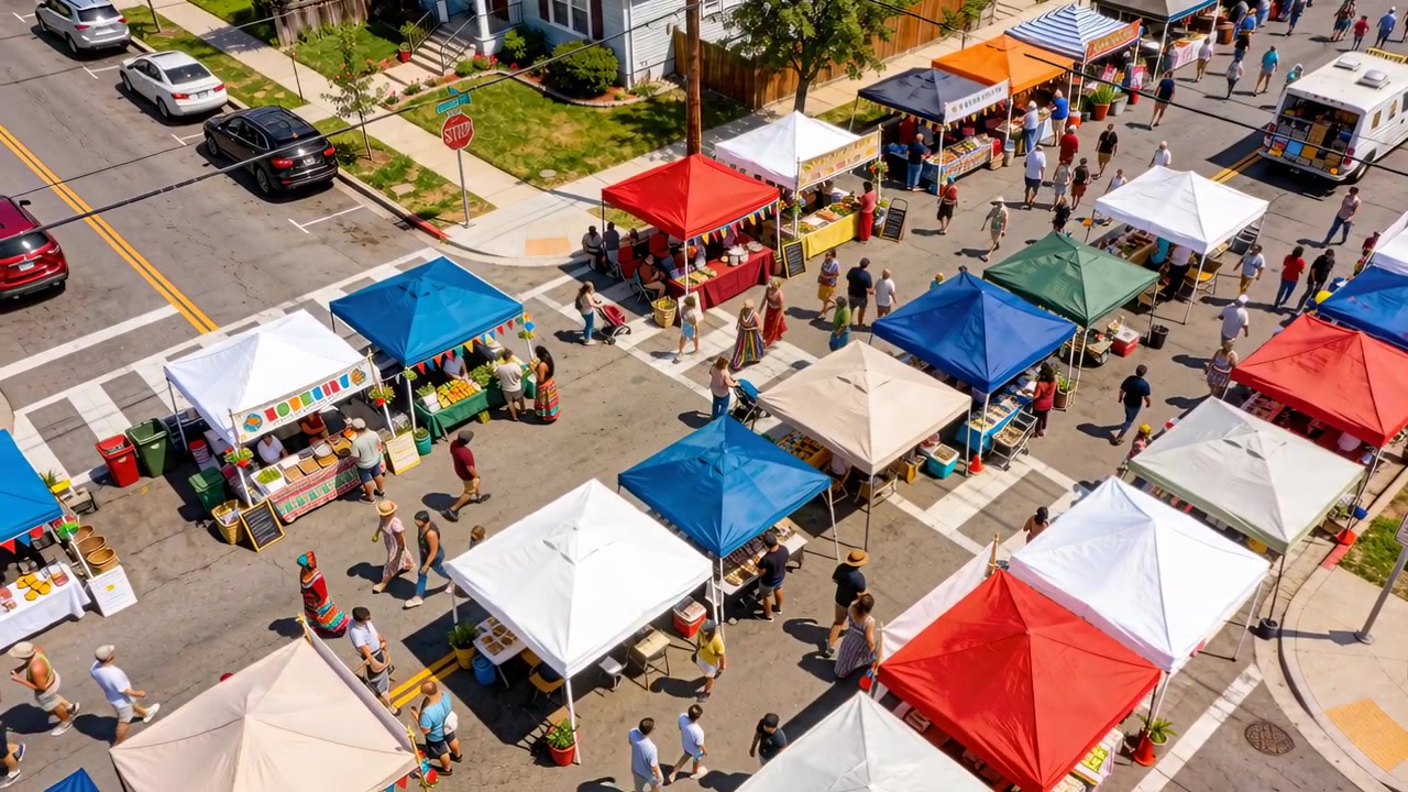 Drone subindo, enquanto uma fila de barracas com toldo se desdobra ao longo de uma rua local, com vendedores comercializando produtos para o mercado.