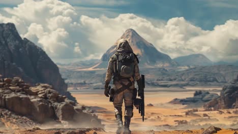 soldier in the desert mountains