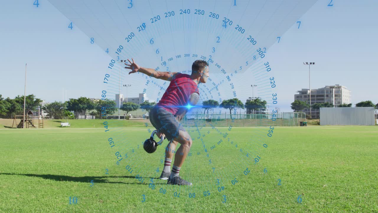 Man starting squat, driving hip, doing kettlebell swings for fitness with radial blue overlay