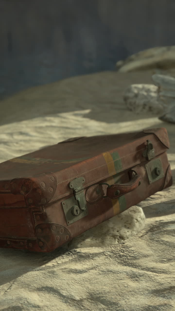 una maleta de cuero vintage en una playa de arena