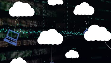 Animation-of-cloud-icons-and-data-processing-over-stock-market-on-black-background