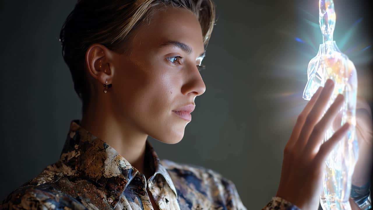 Un giovane osserva una figura olografica luminosa. Le dita si librano vicino a una forma umana traslucida. Calma concentrazione, silenziosa meraviglia e curiosità digitale. Ideale per fantascienza, innovazione tecnologica.