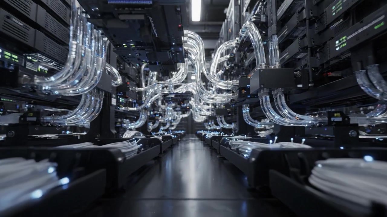 A Glimpse Inside a High-Tech Data Center: Network Cables and Server Racks Illuminated in a Modern Digital Infrastructure Environment.