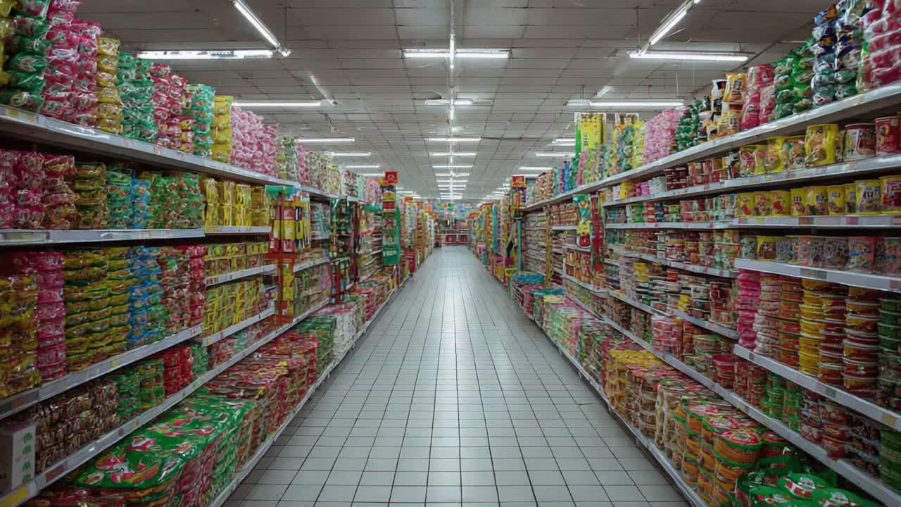 A Vivid Aisle of Colorful Snacks and Treats: Rows of Vibrantly Packaged Goods Fill the Supermarket Shelves Creating a Feast for the Eyes