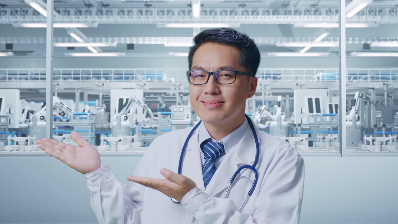 ステトスコープを持ったアジア人男性医師のクローズアップ笑顔で研究室の横を指しています