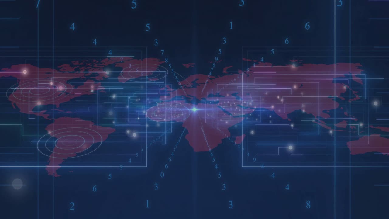 Digital global map showing data flow triggered by central flash, lines extending and nodes blinking