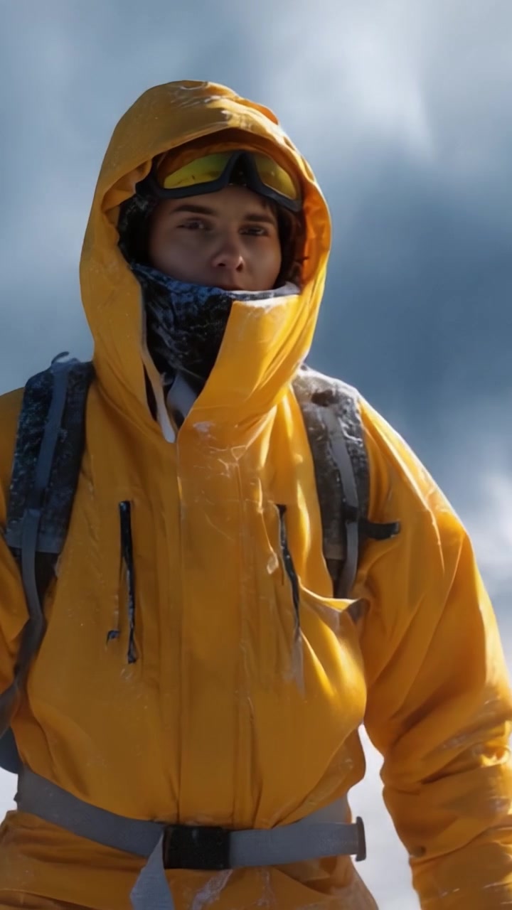 A determined mountaineer dressed in a vibrant yellow jacket confronts the icy wilderness, displaying resilience and readiness for the challenges of extreme weather.