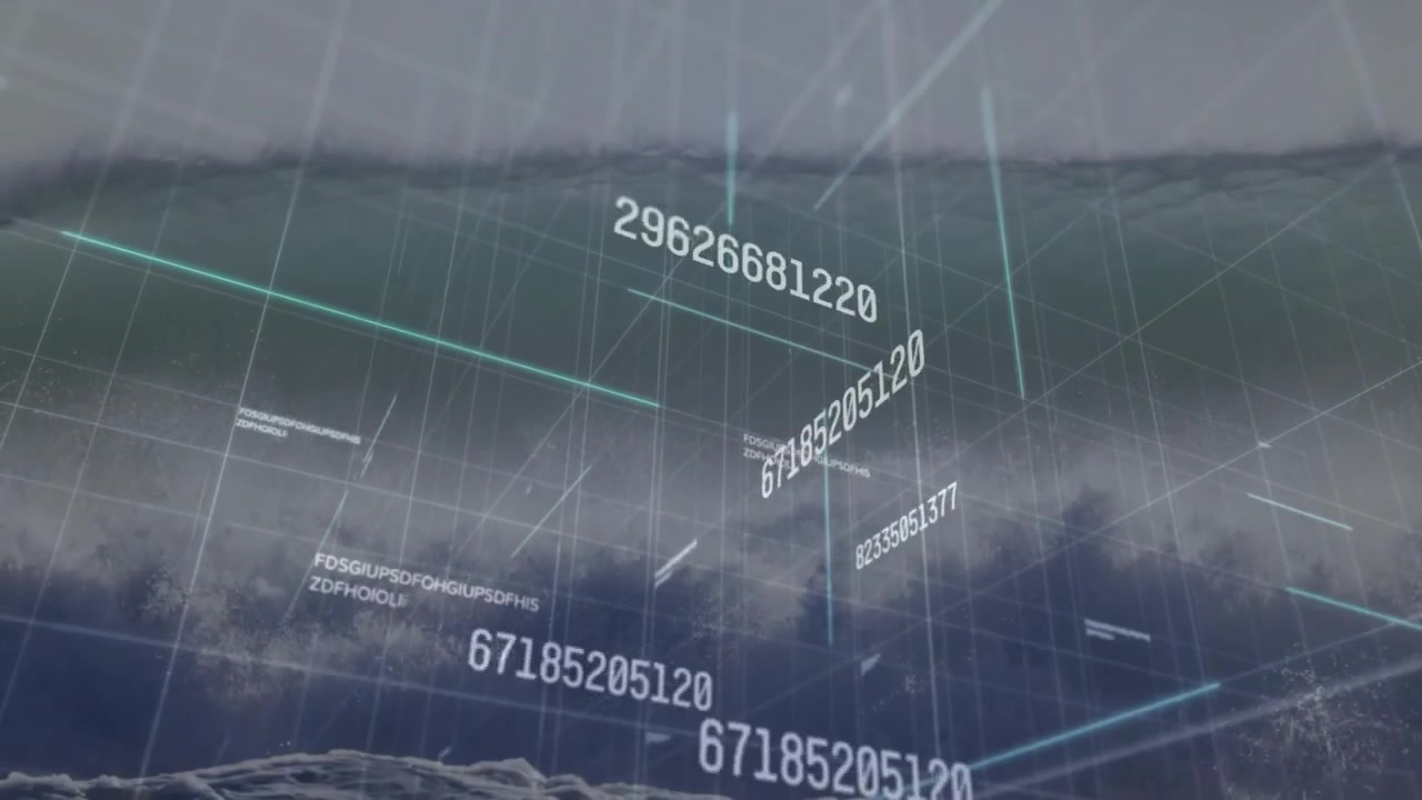 Wireframe grid appearing above ocean horizon initiating rotating digits drifting for data display