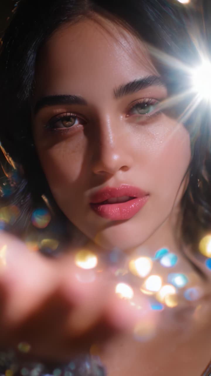Captivating Close-Up of a Model's Face with Sparkling Lights, Evoking Elegance, Glamour, and Intimacy in a Dreamy Visual Experience