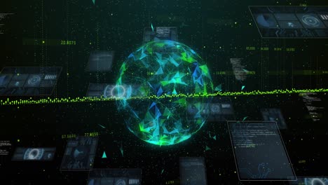 animación de escáneres redondos y procesamiento de datos sobre el globo de redes de plexo sobre fondo negro