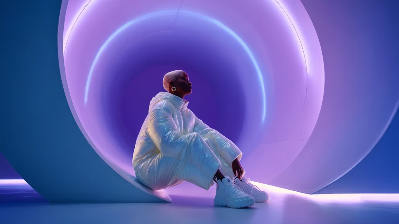 A striking visual of a person seated in a futuristic, circular space, illuminated by vibrant purple and blue tones, evoking a sense of tranquility and modernity in a minimalist setting