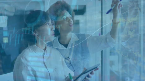Analyzing data on glass board, two businesswomen with financial charts animation