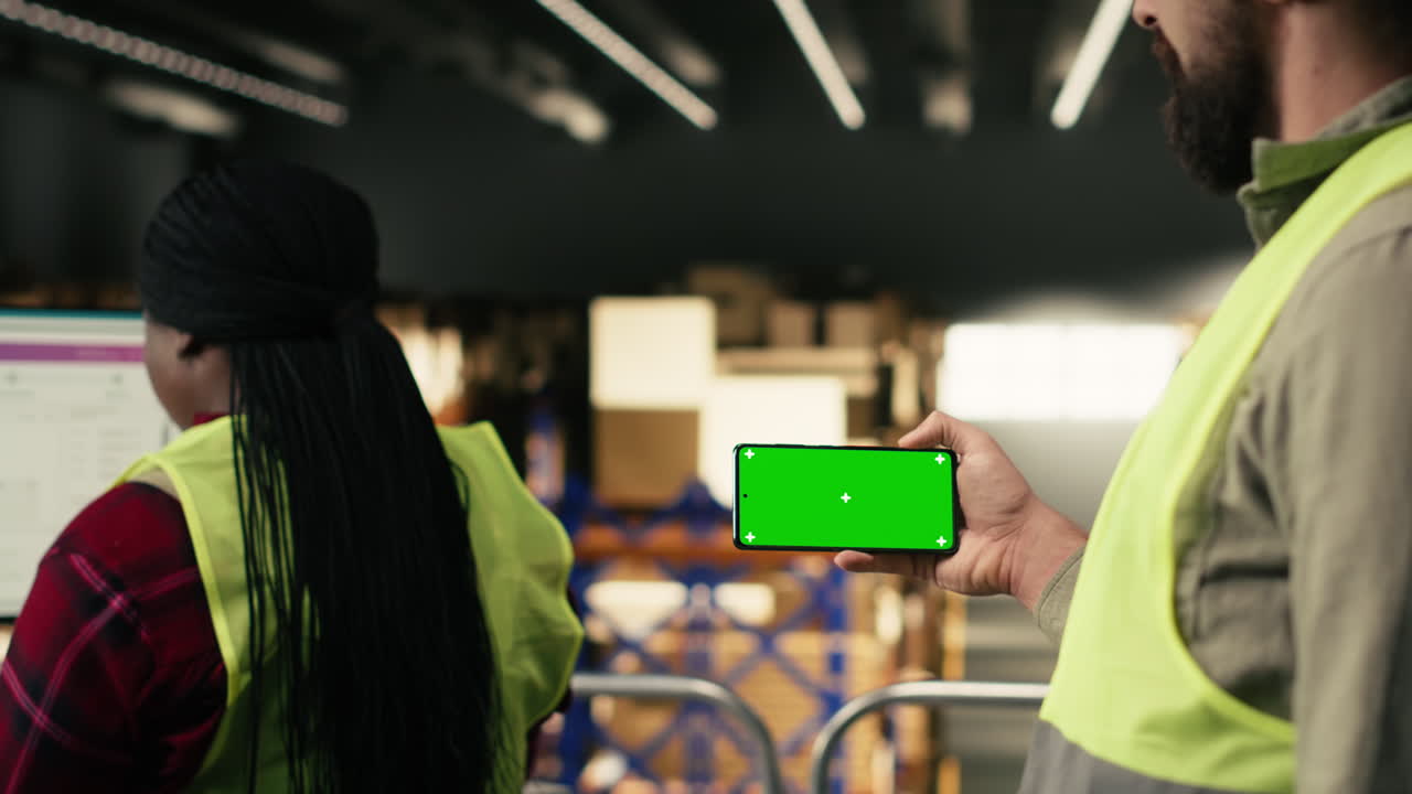 Warehouse Worker Holding Green Screen Smartphone While Colleague Works