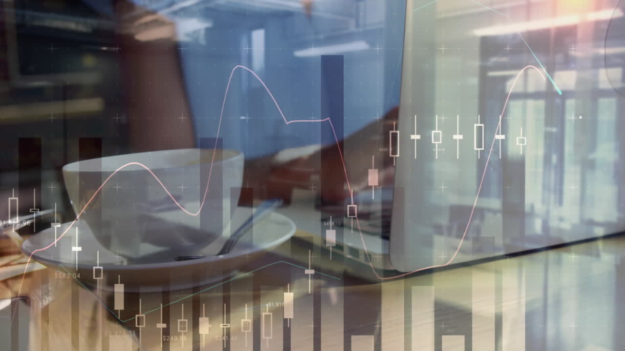 animazione di grafici, tazza di caffè e sezione media di donna afroamericana che lavora sul portatile