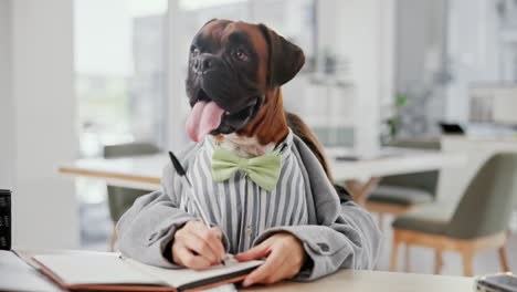 anthropomorphic boxer dog in suit writing at desk in office