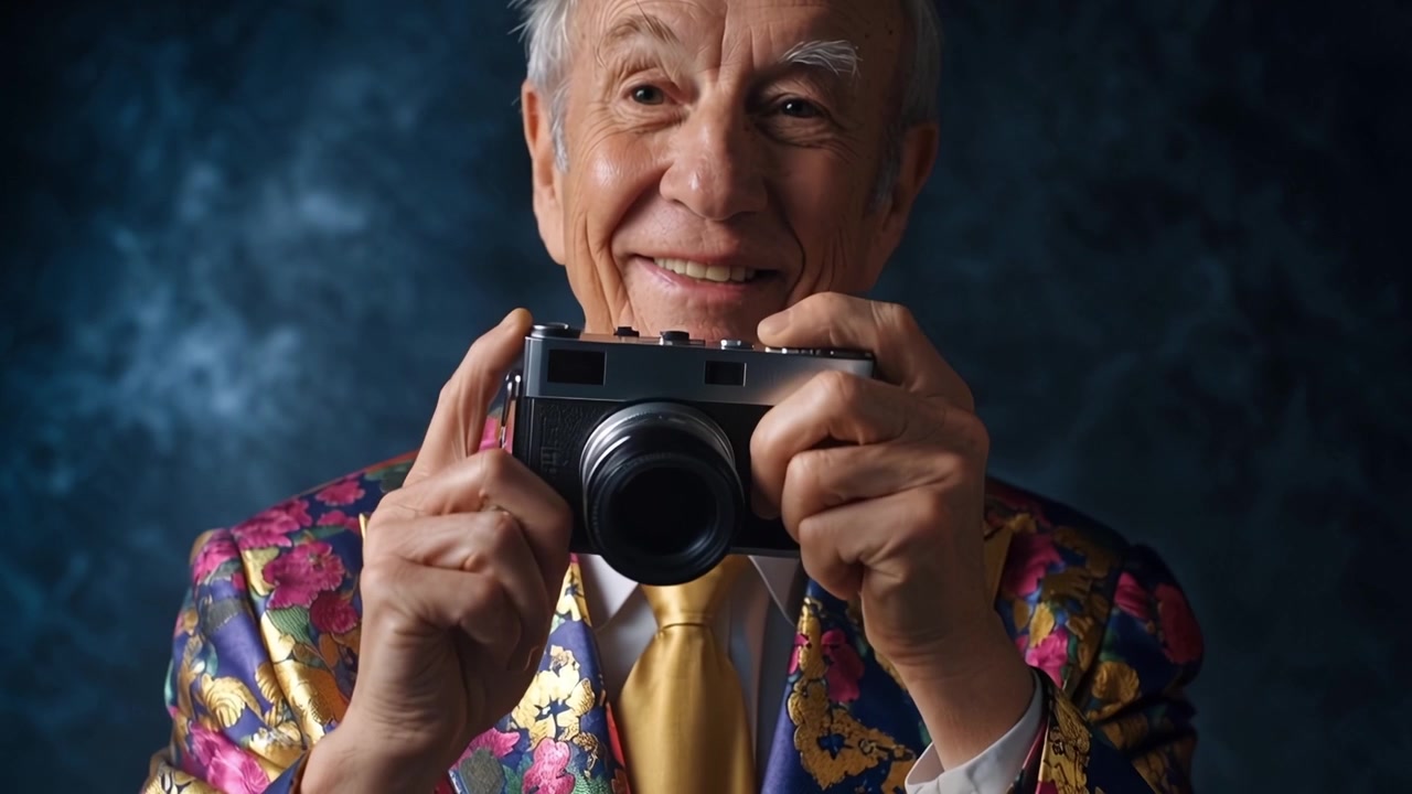 Eccentric Senior Man Posing with Vintage Camera and Smiling