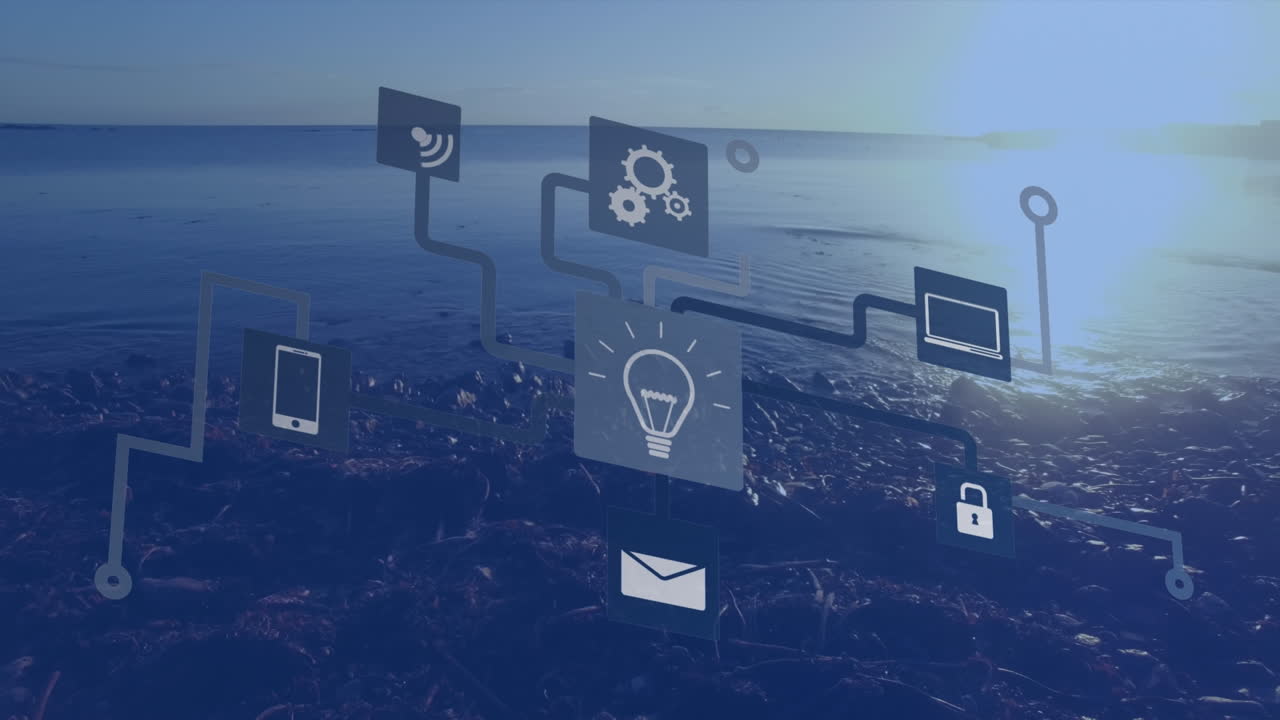 Animation of technology icons over cityscape and seascape at sunset
