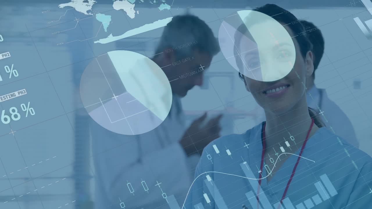 animación del procesamiento de datos financieros sobre diversos médicos hablando