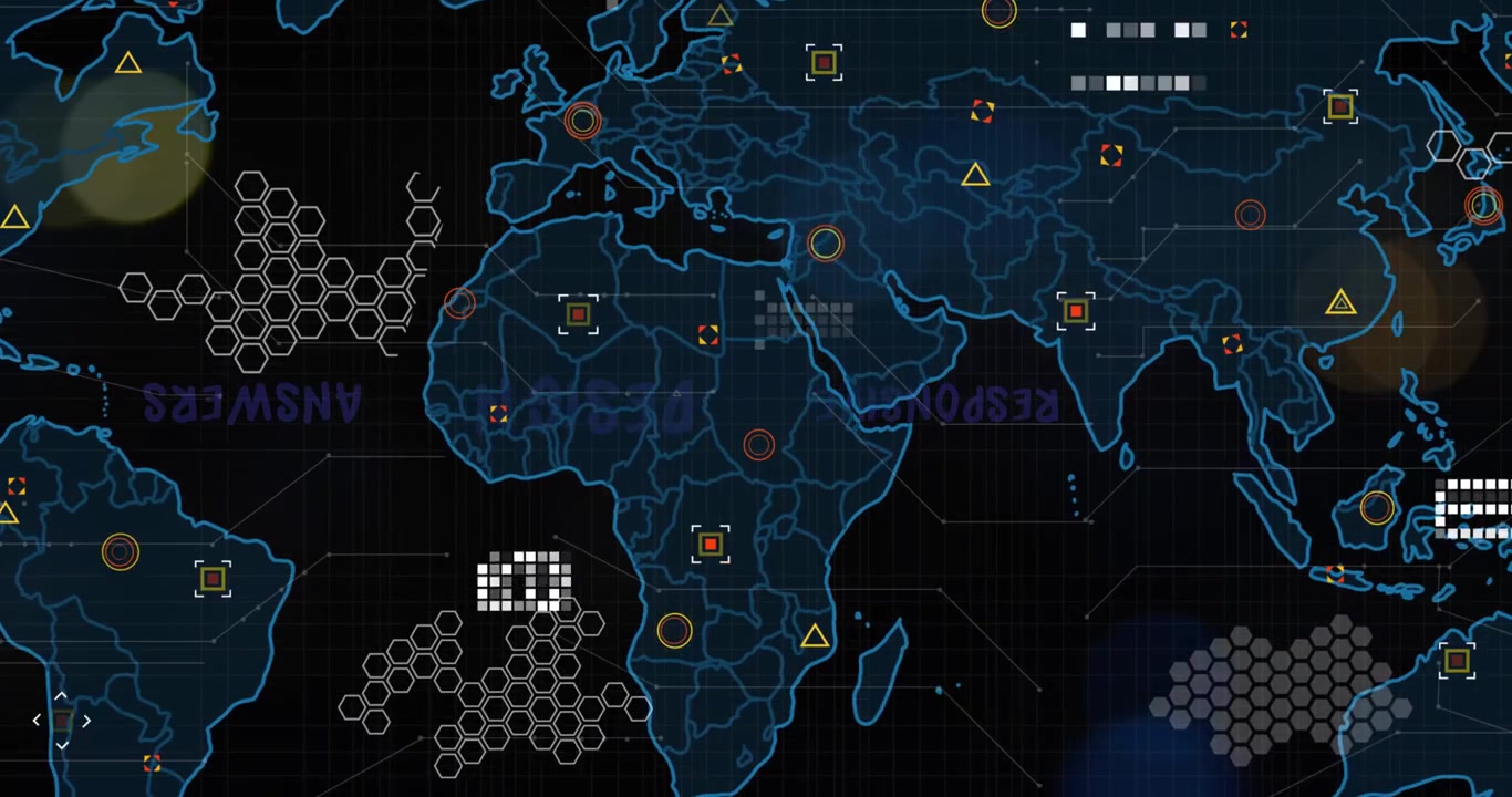 Animation of connected dots and map with responsive, design and answer text over lens flares