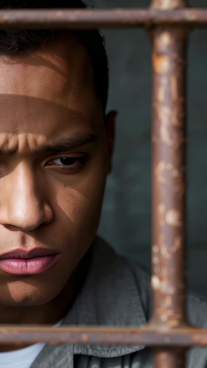 Vertical video: Camera holding close, man shifting gaze behind bars in gray shirt, looking worried