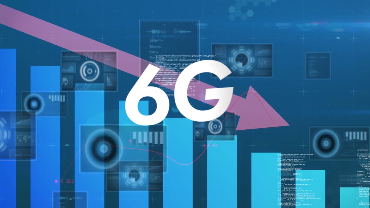 6g 텍스트의 애니메이션, 데이터 처리 및 스 스캔 화면에서 분홍색 화살표가 내려갑니다.