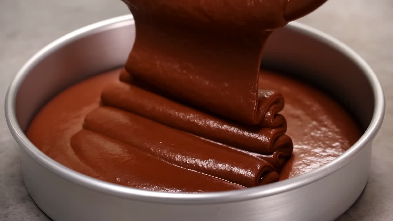 Primo piano di impasto al cioccolato versato in una teglia, creando nastri sovrapposti di impasto lucido in uno stampo rotondo, al rallentatore.