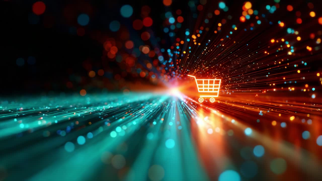 A Dynamic Representation of E-commerce with Colorful Light Trails and a Shopping Cart Icon Symbolizing Online Shopping and Fast Delivery in a Vibrant Digital Environment