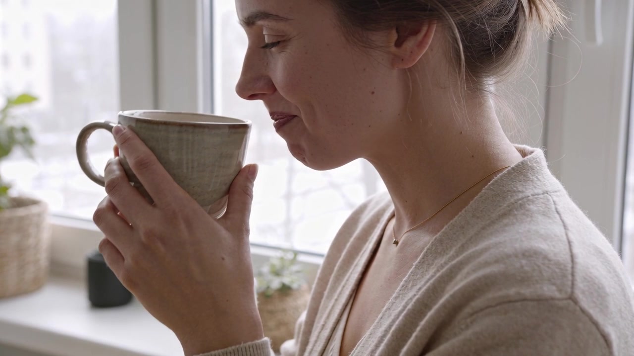 Donna in cardigan che disegna alla luce del giorno, solleva una tazza di ceramica e sorseggia, scaldandosi le mani alla finestra