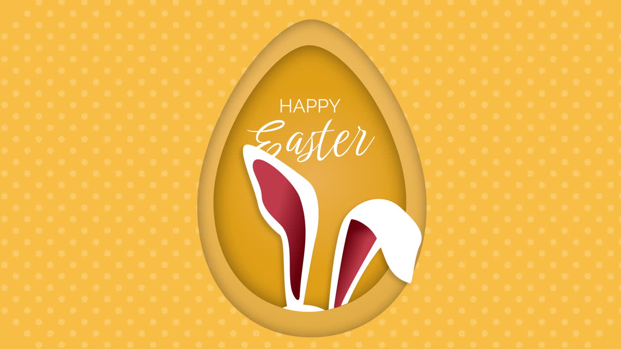 Happy Easter. Festive animation with an Easter bunny in yellow background with egg. Looped screensaver.