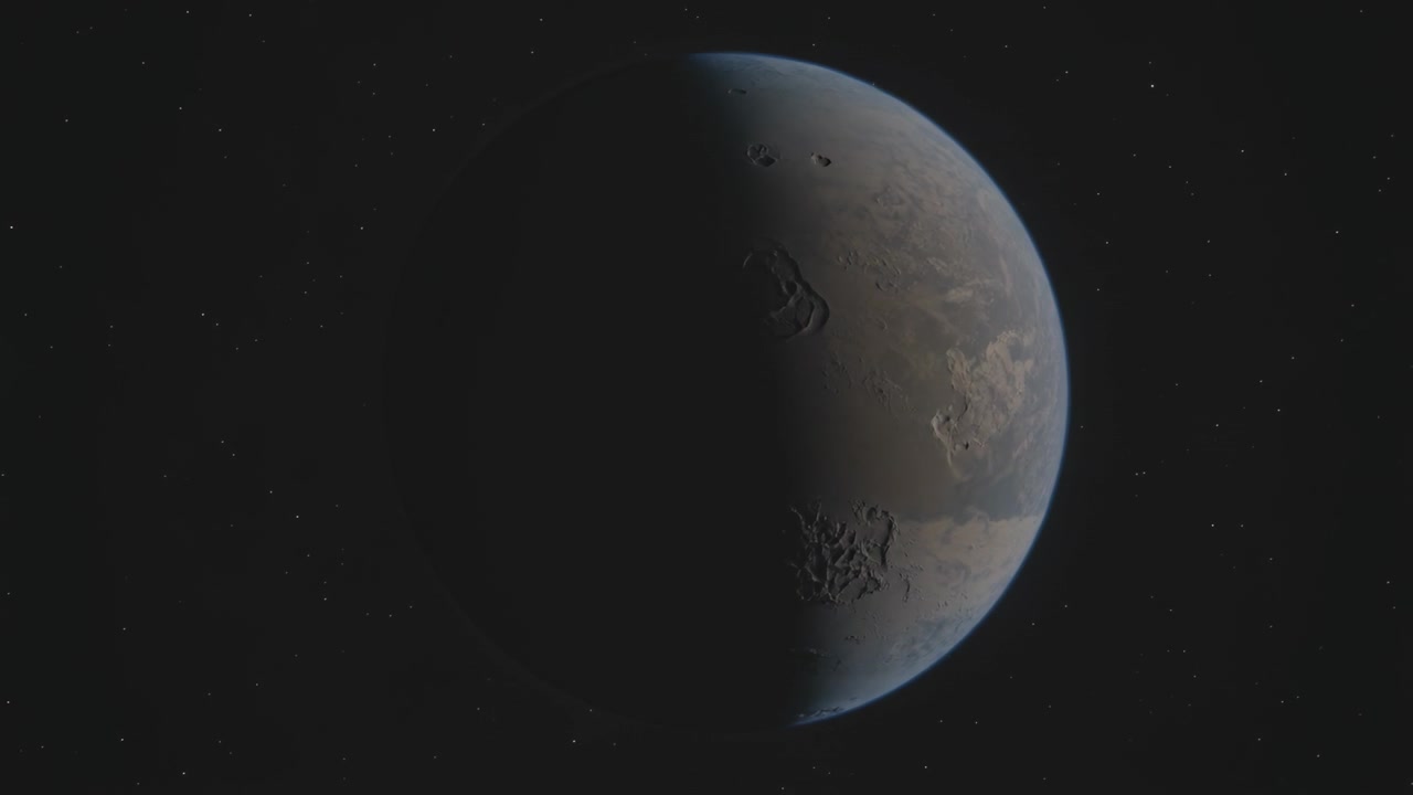 Rotating rocky planet showing terminator, craters, pale banding in deep-space lit by distant star
