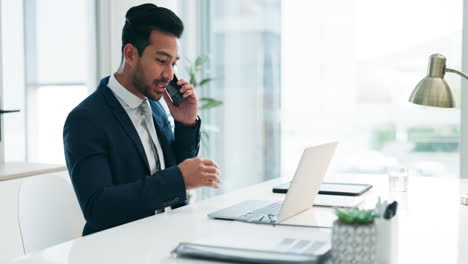 Phone-call,-laptop-and-business-man-in-office