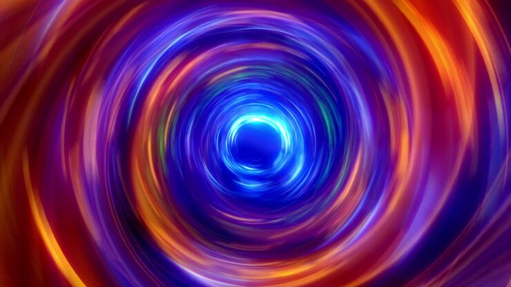 Abstract colorful energy wave vortex space tunnel spreading ripple radial waves of magical energy transmission. 4K 3D VJ DJ loop cyber helix tunnel. Infinite vortex streaming vivid blue orange waves.