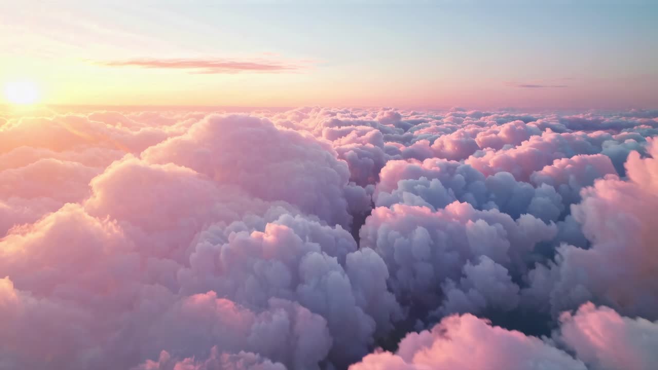 Aerial video view of fluffy, pastel-colored clouds at sunset, creating a serene and dreamy