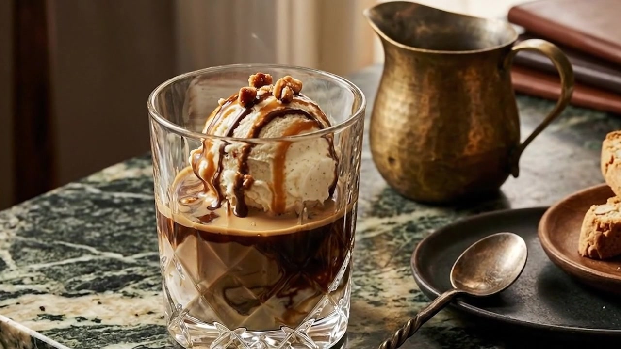 Vertiendo espresso caliente sobre helado de vainilla para affogato
