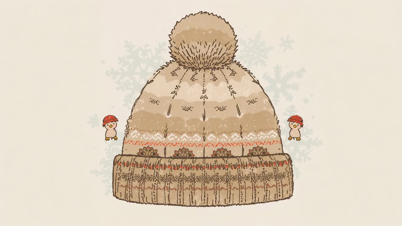Looping knitted beanie shifting up, pom-pom pulsing on beige backdrop, flanked by red-capped duo