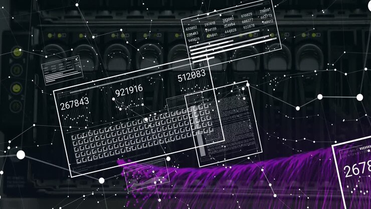 Animation of interface with data processing and network of connections against computer server