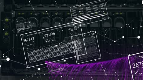 Animation-of-interface-with-data-processing-and-network-of-connections-against-computer-server
