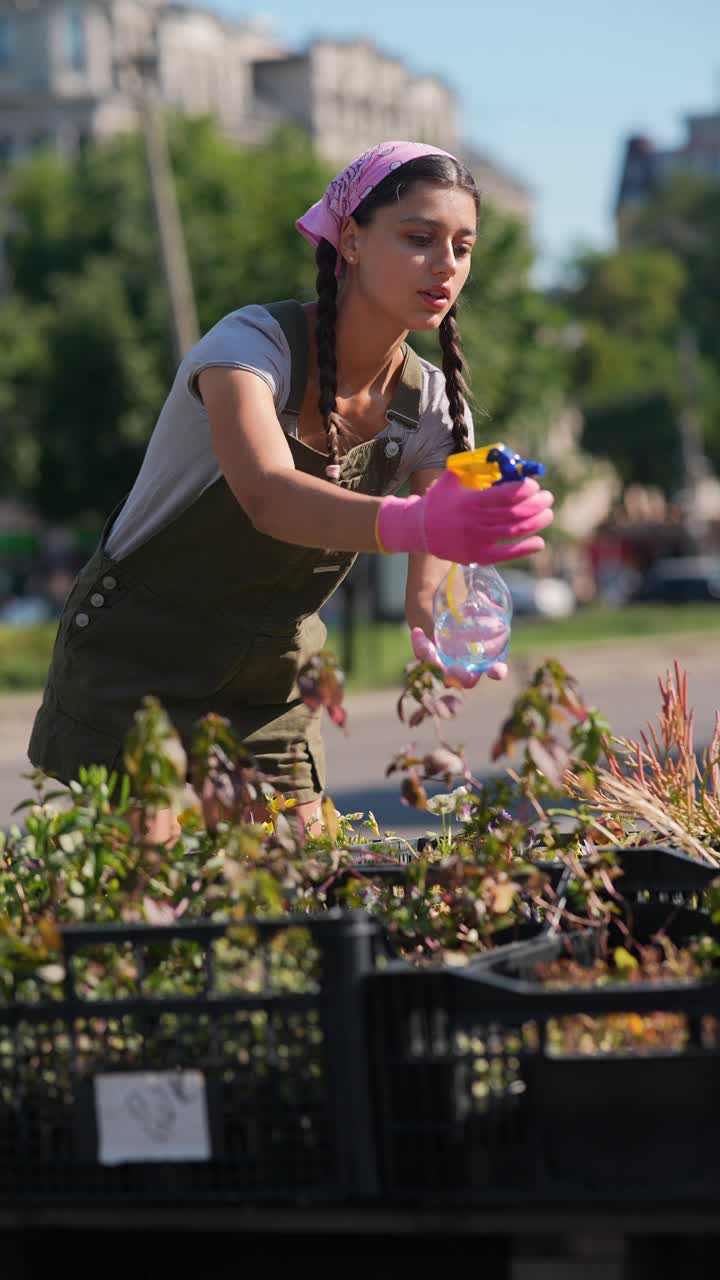 mujer joven regando plantas en la calle