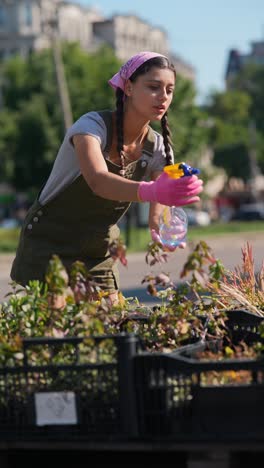 young woman watering plants on the street