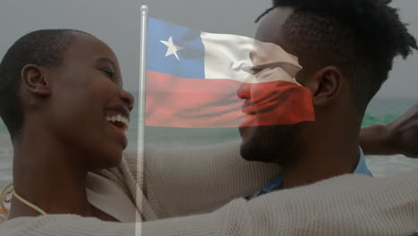 embracing couple with chilean flag overlaying joyful expressions in animation