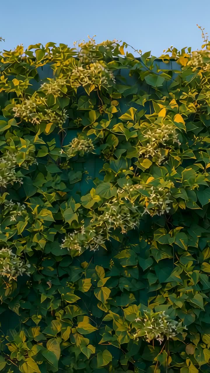 Video verticale: Vite fiorita che ondeggia su una recinzione metallica mossa dalla brezza, la luce del sole che rivela fioriture pallide.